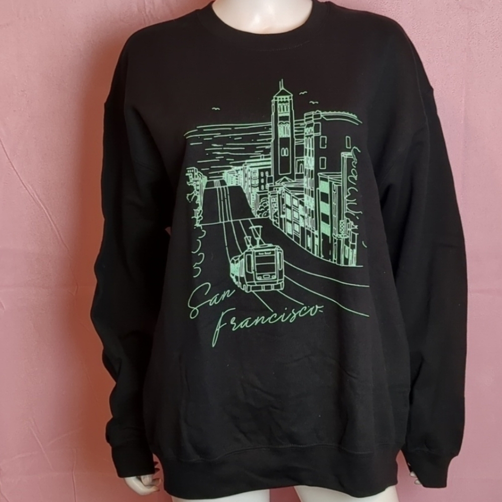 Nasty Gal Road Trip San Francisco Black and Green Fleece Sweatshirt size Medium